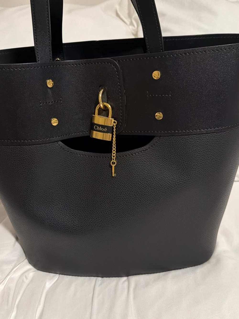 Chloé Black Leather Tote with Gold Padlock Accent - Picture 2 of 7